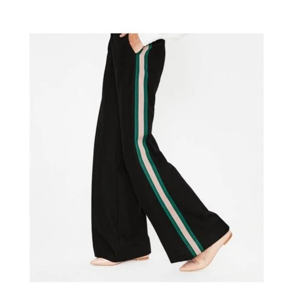 Boden Black Sherborne Wide Leg Wool Trousers Green & Pink Stripe US 14L UK 18L